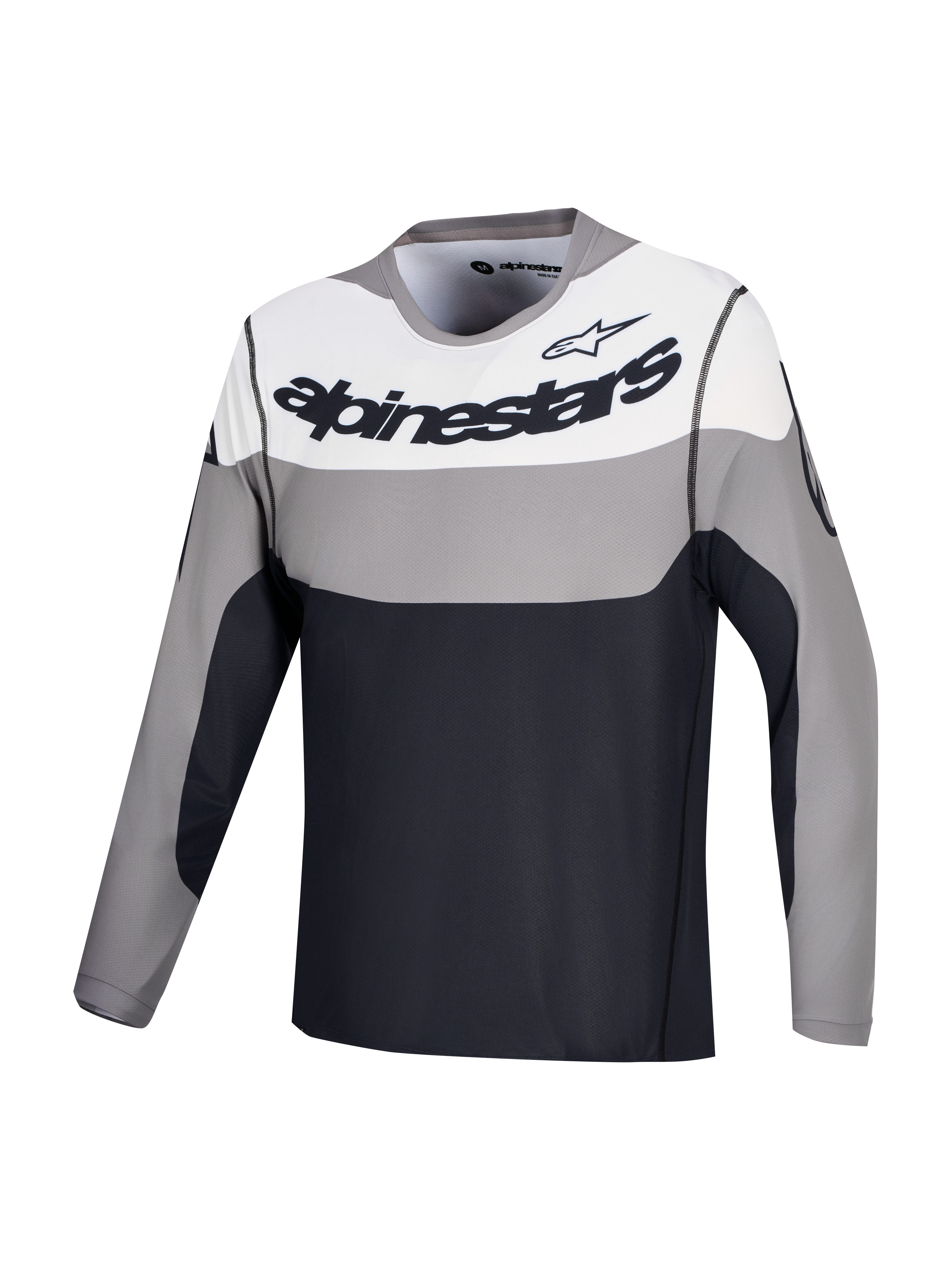 Alpinestars Maglia A-Dura Race, maglia da ciclismo MTB a maniche lunghe, grigio, bianco e nero con grafica del logo sul petto, tessuto riciclato leggero ed elasticizzato
