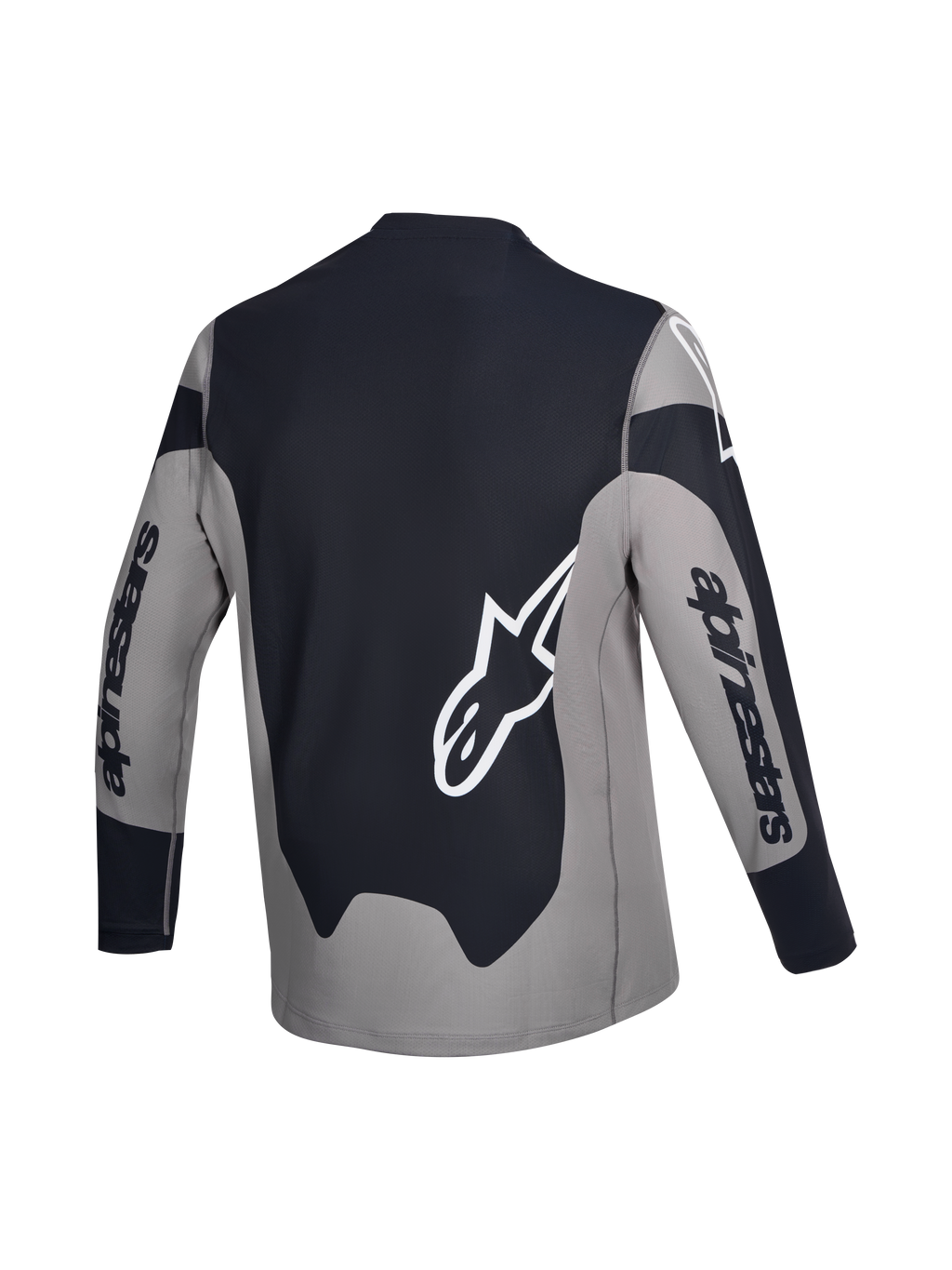 Alpinestars Maglia A-Dura Race, maglia da ciclismo MTB a maniche lunghe, vista posteriore, grigio e nero con loghi bianchi, leggero tessuto elasticizzato con orlo allungato