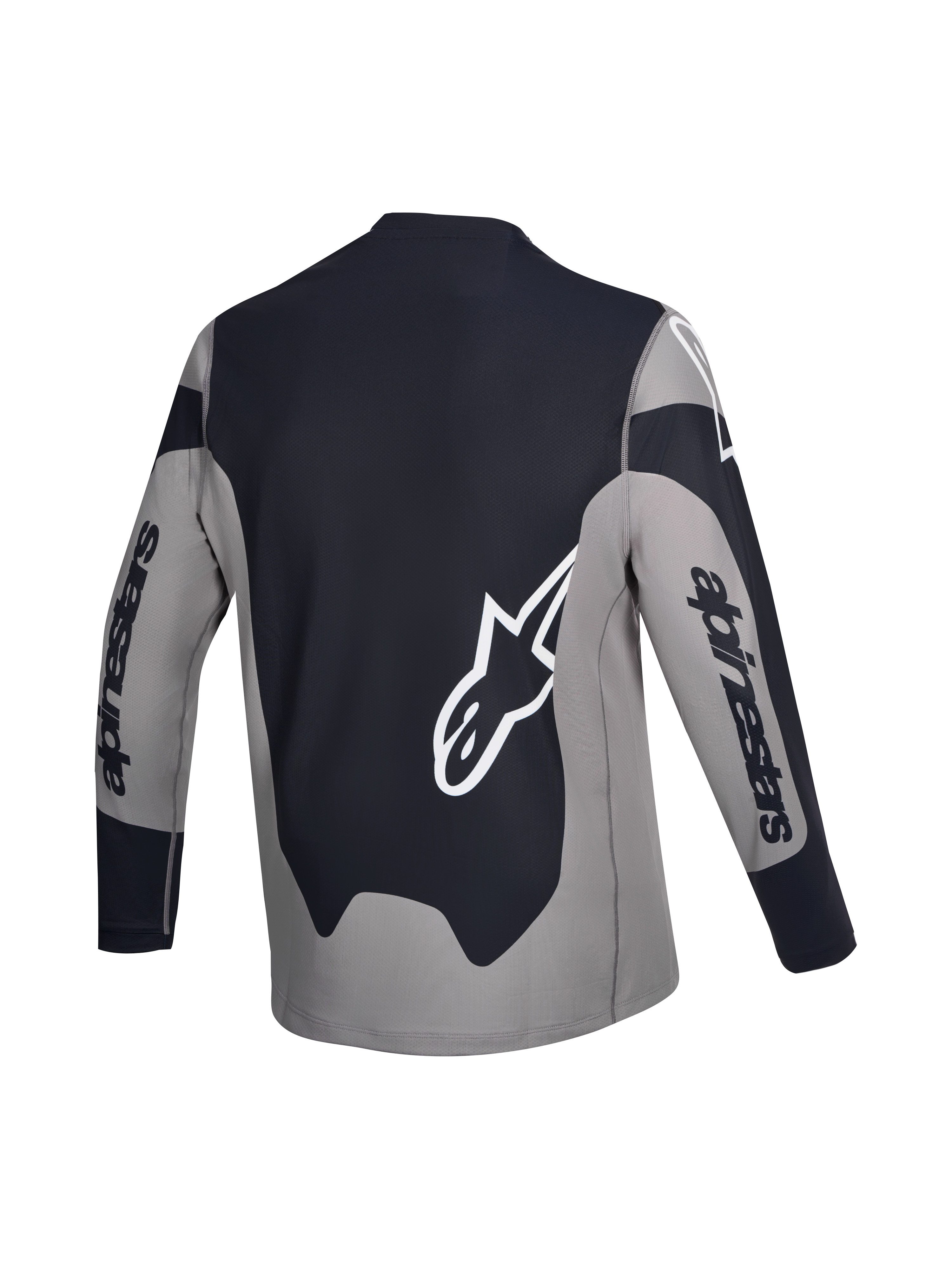 Alpinestars Maglia A-Dura Race, maglia da ciclismo MTB a maniche lunghe, vista posteriore, grigio e nero con loghi bianchi, leggero tessuto elasticizzato con orlo allungato