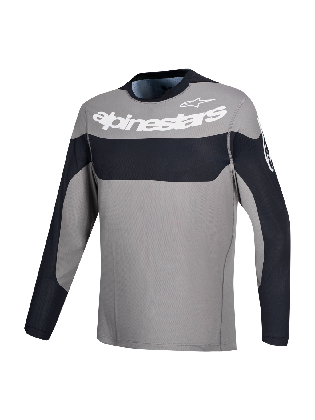 Alpinestars Maglia A-Dura Race, maglia da mountain bike a maniche lunghe grigia e nera con grafica del logo sul petto bianca, abbigliamento MTB