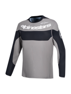 Alpinestars Maglia A-Dura Race, maglia da mountain bike a maniche lunghe grigia e nera con grafica del logo sul petto bianca, abbigliamento MTB
