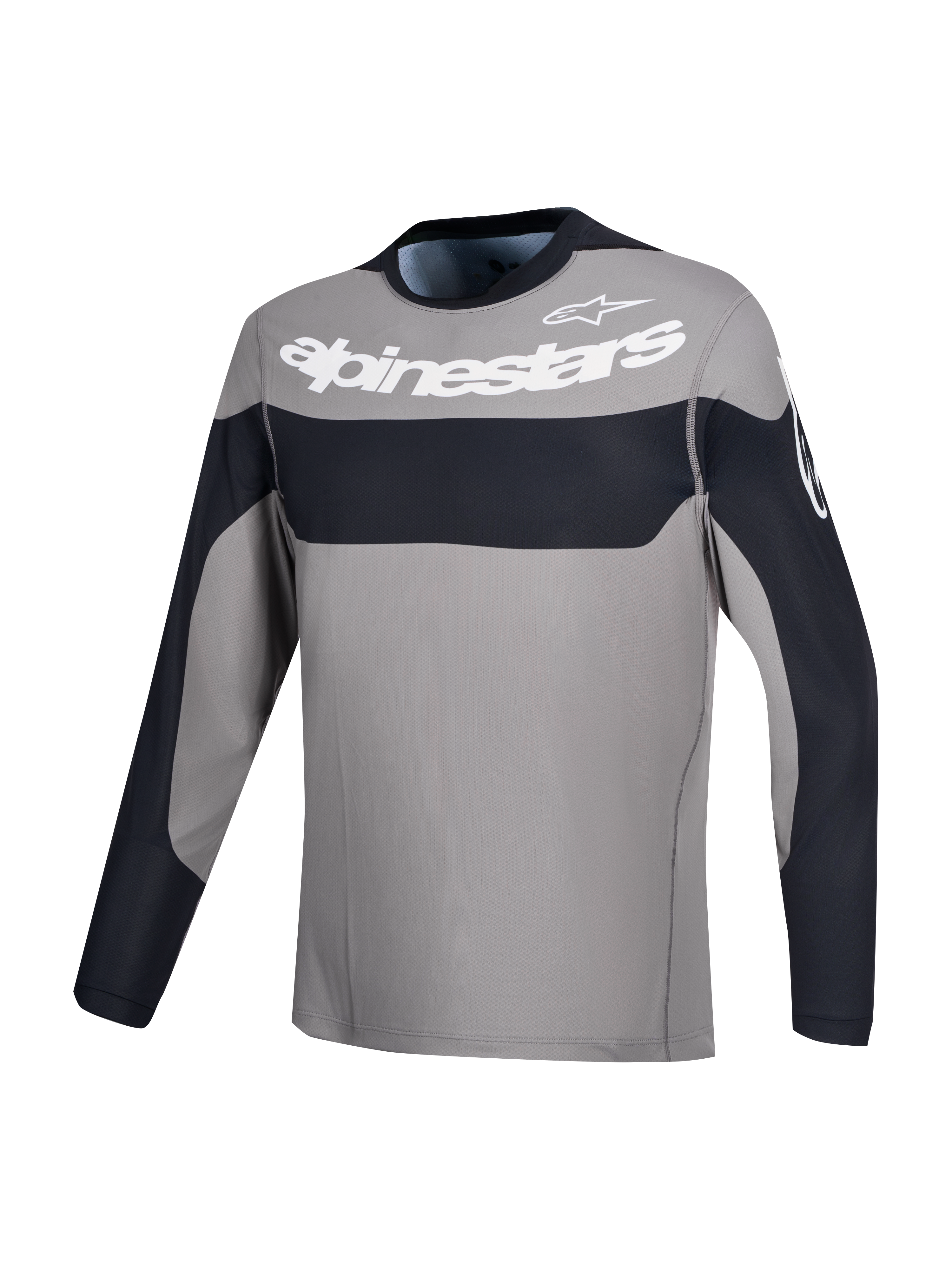 Alpinestars Maglia A-Dura Race, maglia da mountain bike a maniche lunghe grigia e nera con grafica del logo sul petto bianca, abbigliamento MTB