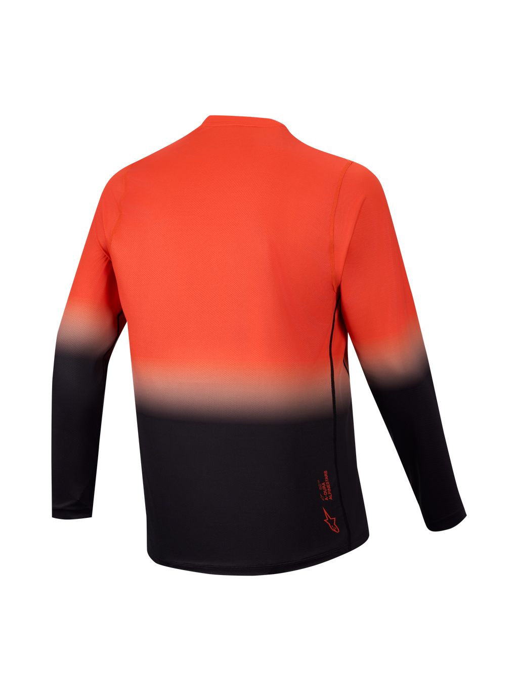 Maglia Alpinestars A-Dura ASTARS 2.0 a manica lunga, vista posteriore arancione e nera sfumata per MTB ad alte prestazioni.