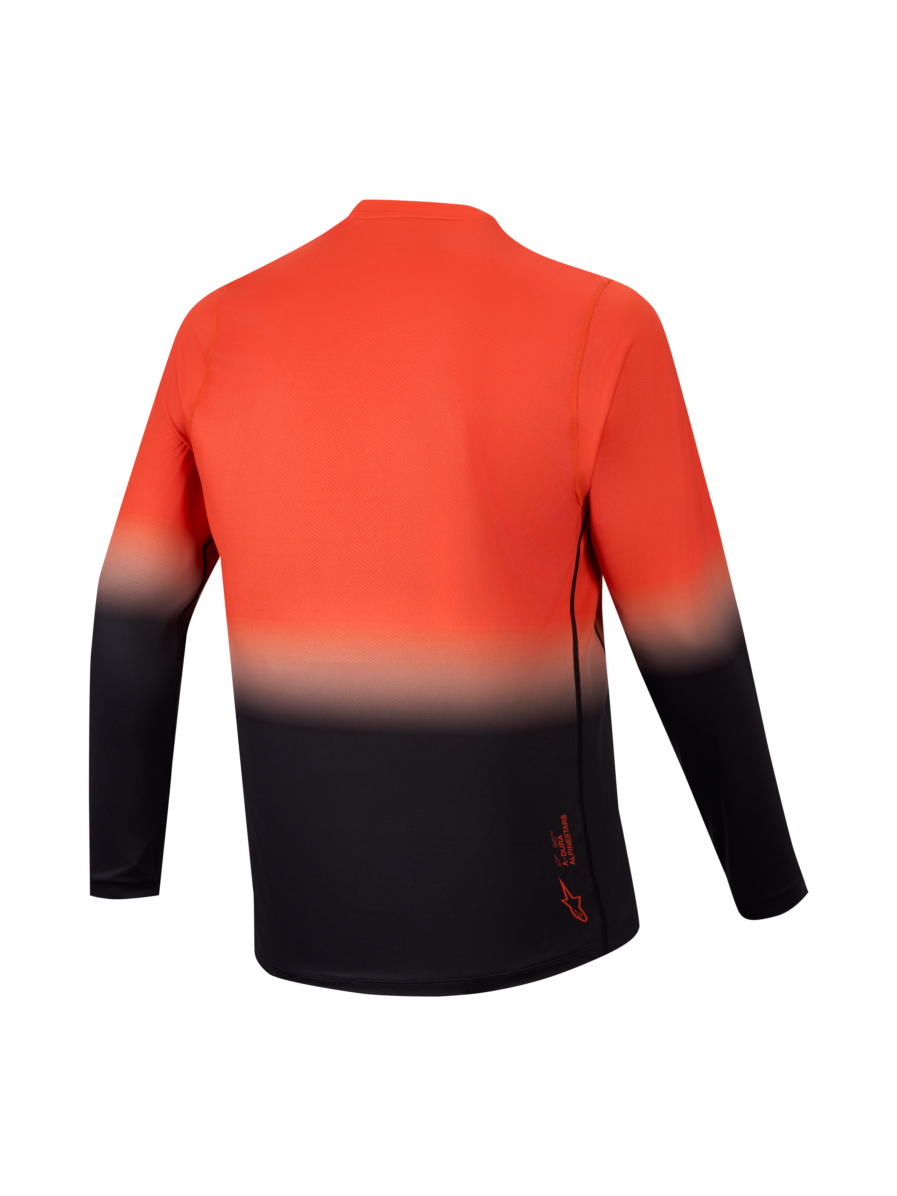 Maglia Alpinestars A-Dura ASTARS 2.0 a manica lunga, vista posteriore arancione e nera sfumata per MTB ad alte prestazioni.