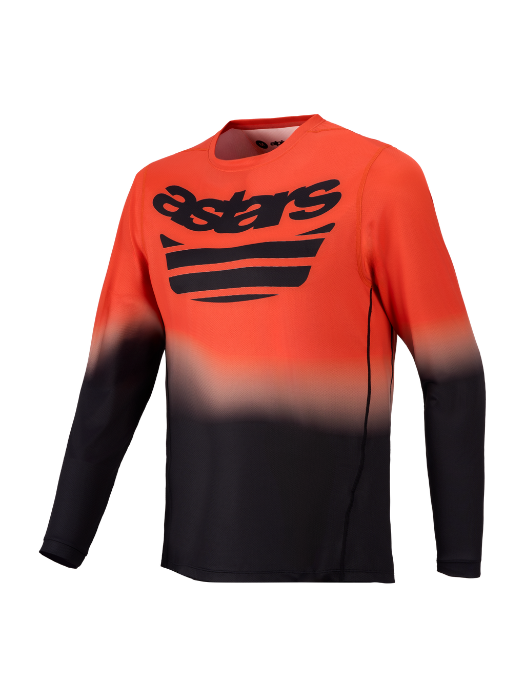 Maglia Alpinestars A-Dura ASTARS 2.0, maglia da MTB a maniche lunghe arancione e nera con sfumatura e logo sul petto.