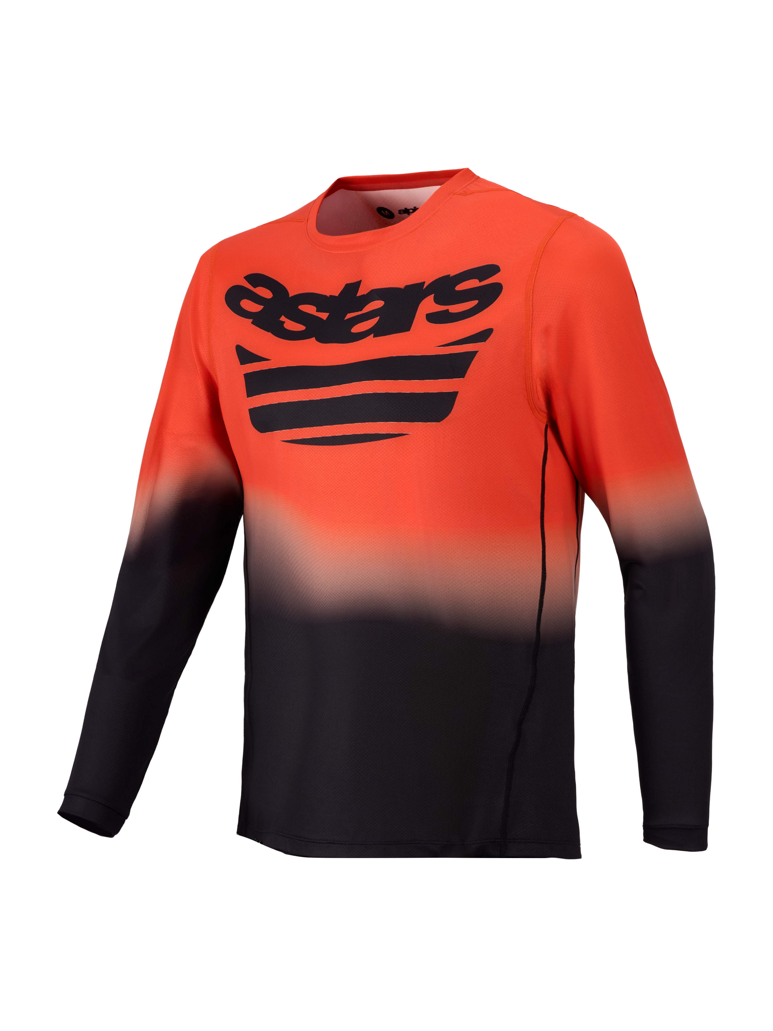 Maglia Alpinestars A-Dura ASTARS 2.0, maglia da MTB a maniche lunghe arancione e nera con sfumatura e logo sul petto.