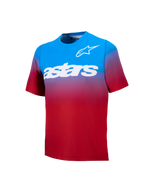 Alpinestars A-Dura ASTARS 2.0, maglia MTB maniche corte con sfumatura rosso-blu e grafiche bianche sul petto.