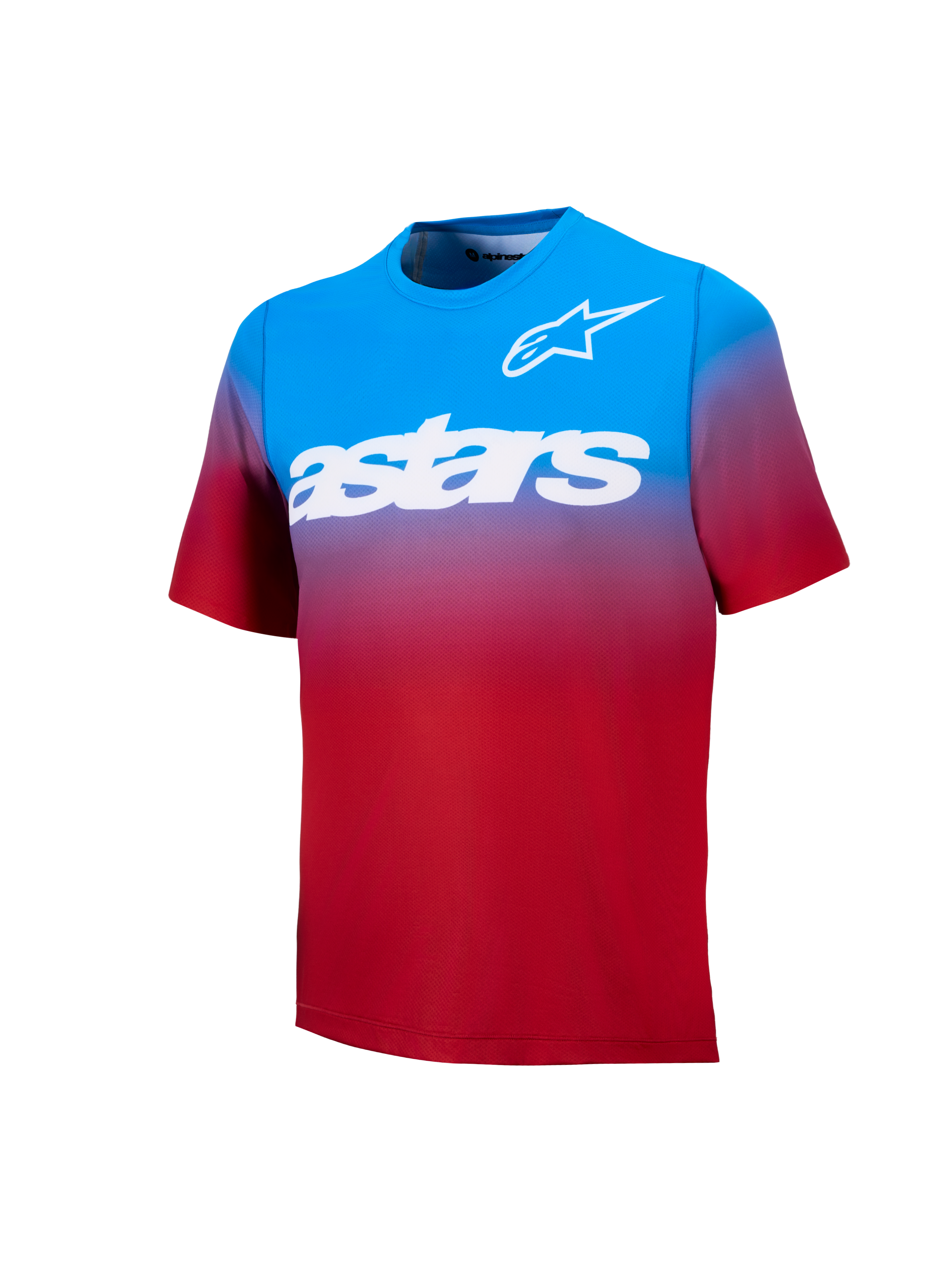 Alpinestars A-Dura ASTARS 2.0, maglia MTB maniche corte con sfumatura rosso-blu e grafiche bianche sul petto.