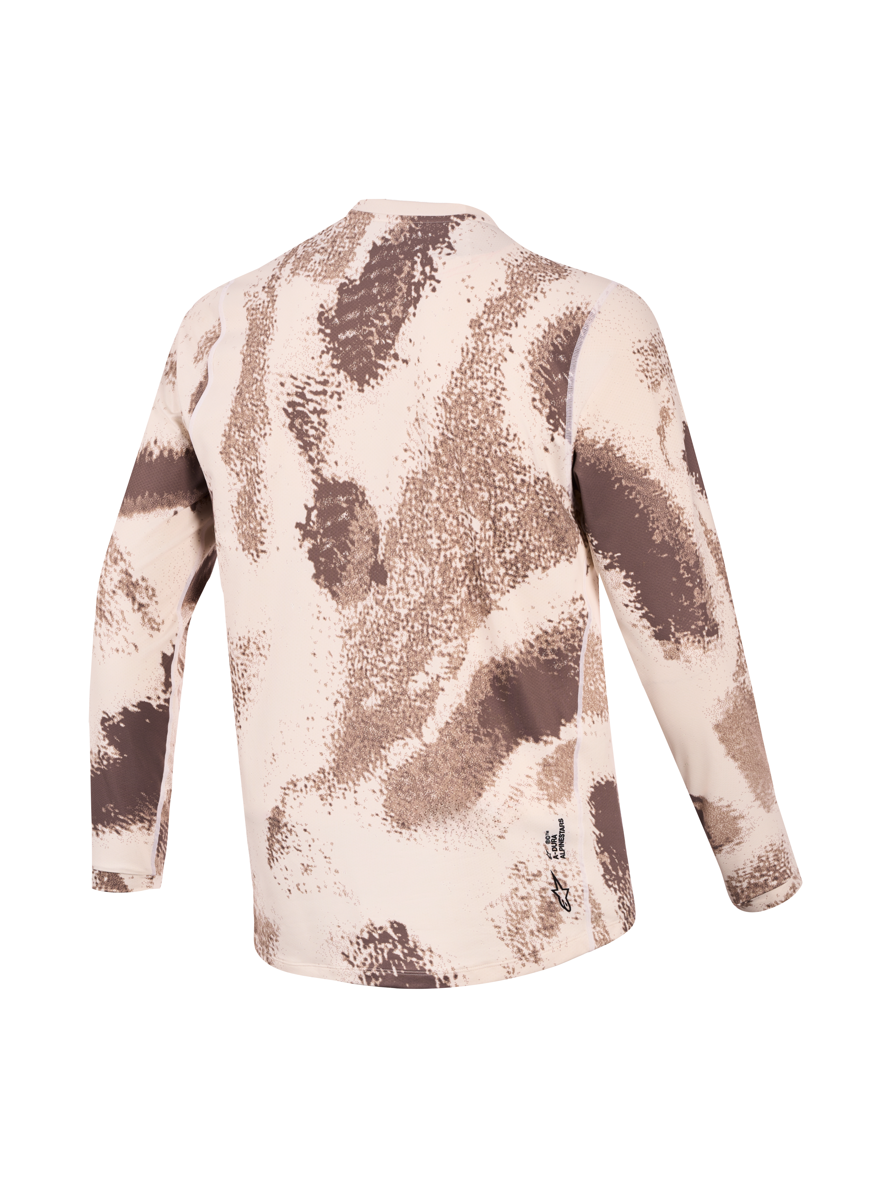 Maglia A-Dura Ride, maglia da mountain bike a maniche lunghe, sabbia e marrone con stampa mimetica, vista posteriore con orlo allungato e logo Astars