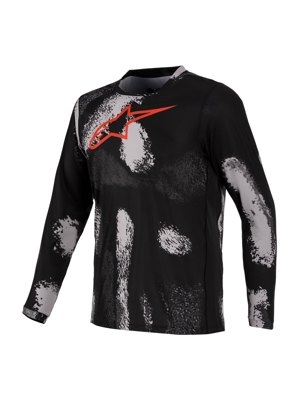 Alpinestars Maglia A-Dura Ride, maglia da mountain bike a maniche lunghe, stampa mimetica nera e grigia con logo rosso sul petto, tessuto tecnico ad asciugatura rapida