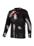 Alpinestars Maglia A-Dura Ride, maglia da mountain bike a maniche lunghe, stampa mimetica nera e grigia con logo rosso sul petto, tessuto tecnico ad asciugatura rapida