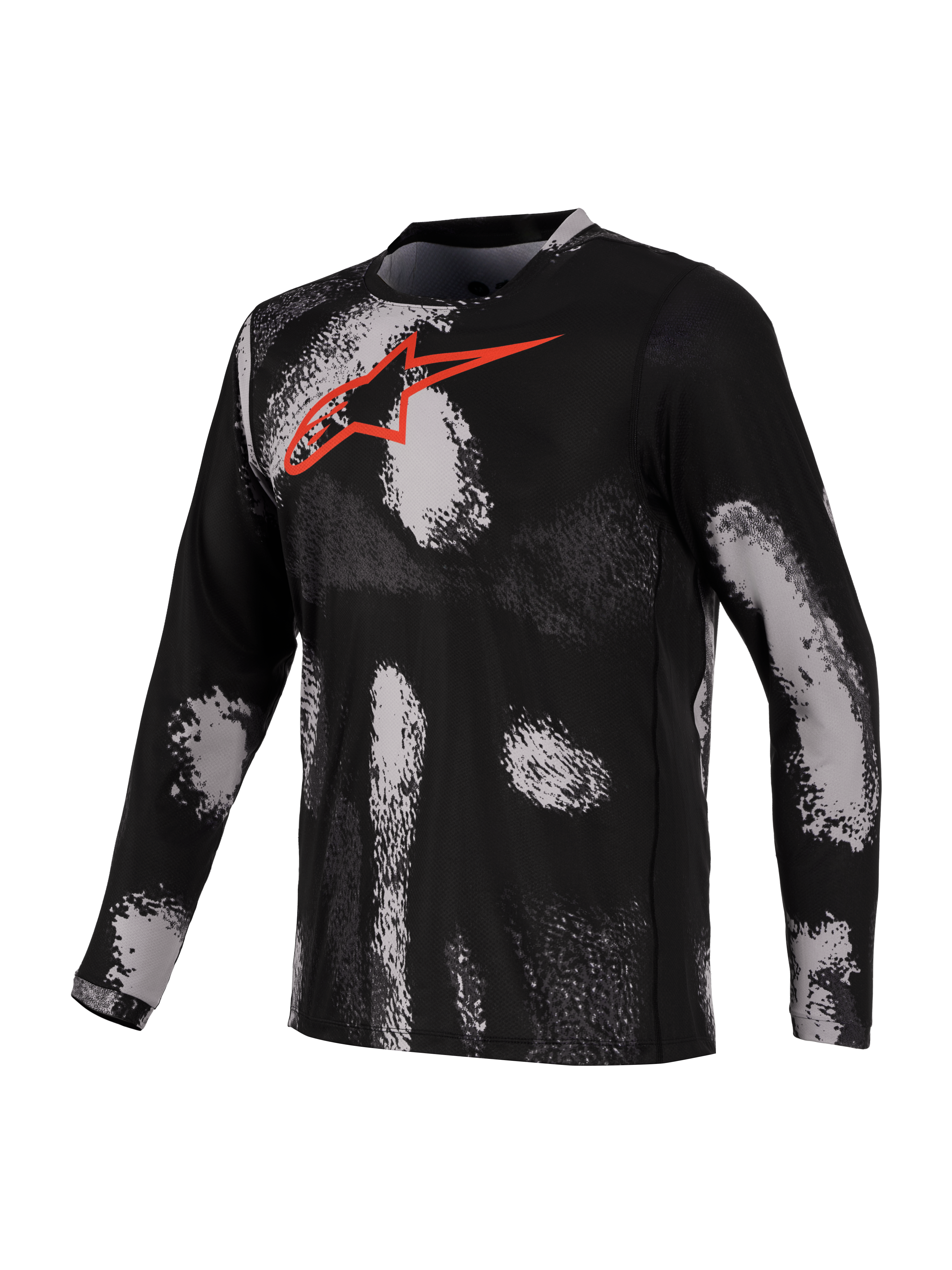 Alpinestars Maglia A-Dura Ride, maglia da mountain bike a maniche lunghe, stampa mimetica nera e grigia con logo rosso sul petto, tessuto tecnico ad asciugatura rapida