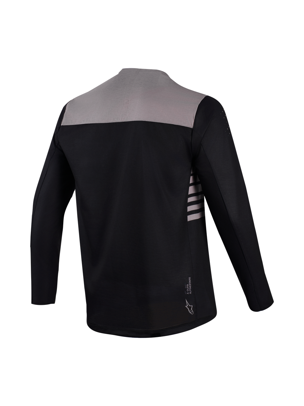 Maglia Alpinestars A-Dura Elite 2.0 nera e grigia, vista posteriore con coda allungata e design per MTB.