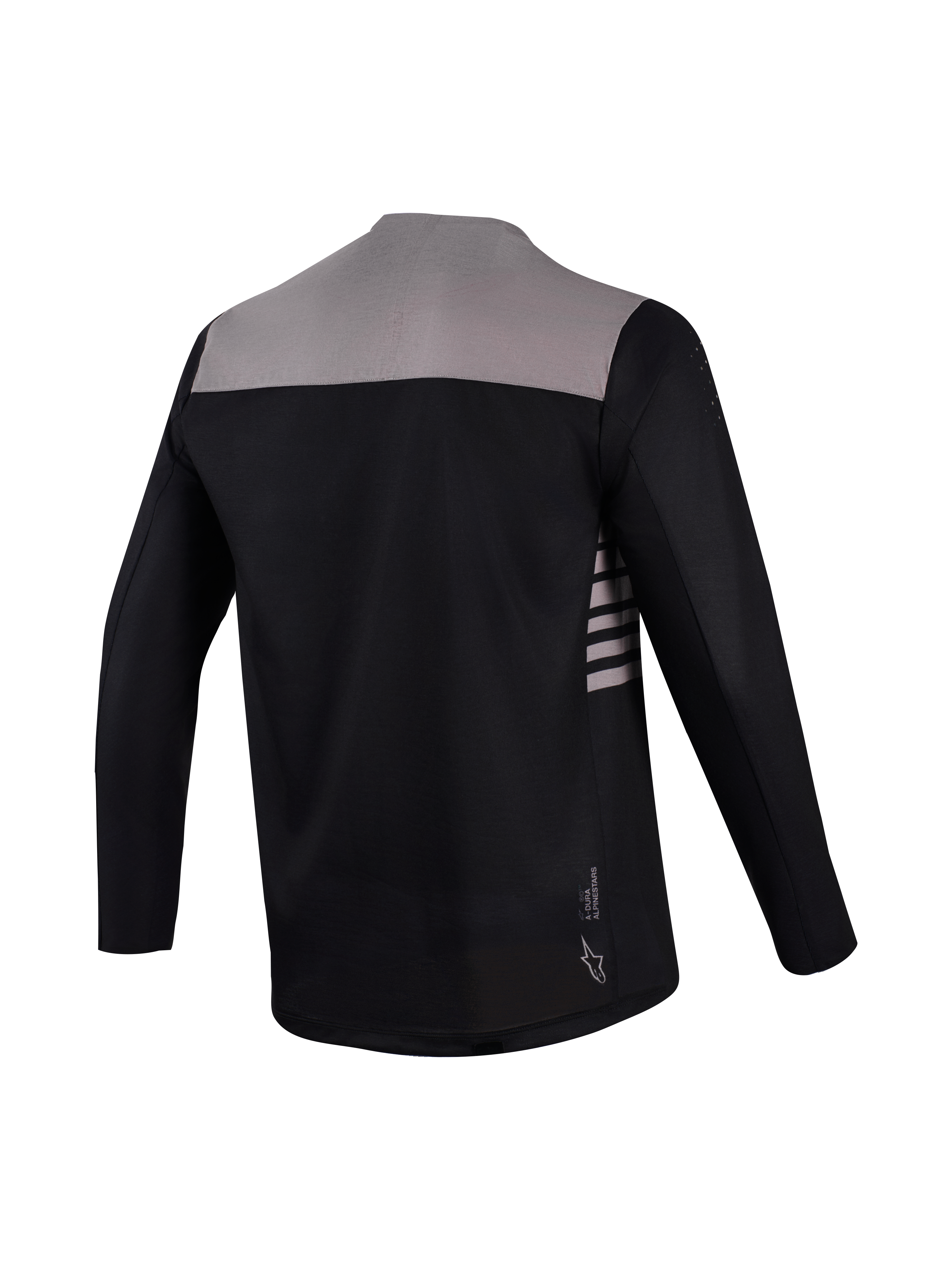 Maglia Alpinestars A-Dura Elite 2.0 nera e grigia, vista posteriore con coda allungata e design per MTB.