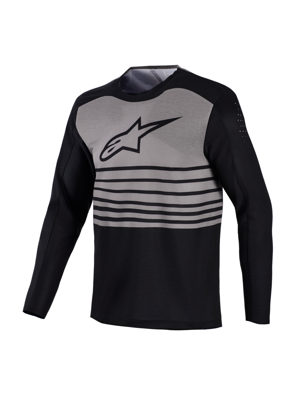 Maglia MTB Alpinestars A-Dura Elite a maniche lunghe, design nero e grigio a strisce con bicipiti traforati.