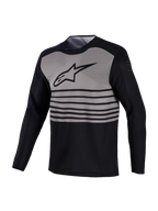 Maglia MTB Alpinestars A-Dura Elite a maniche lunghe, design nero e grigio a strisce con bicipiti traforati.