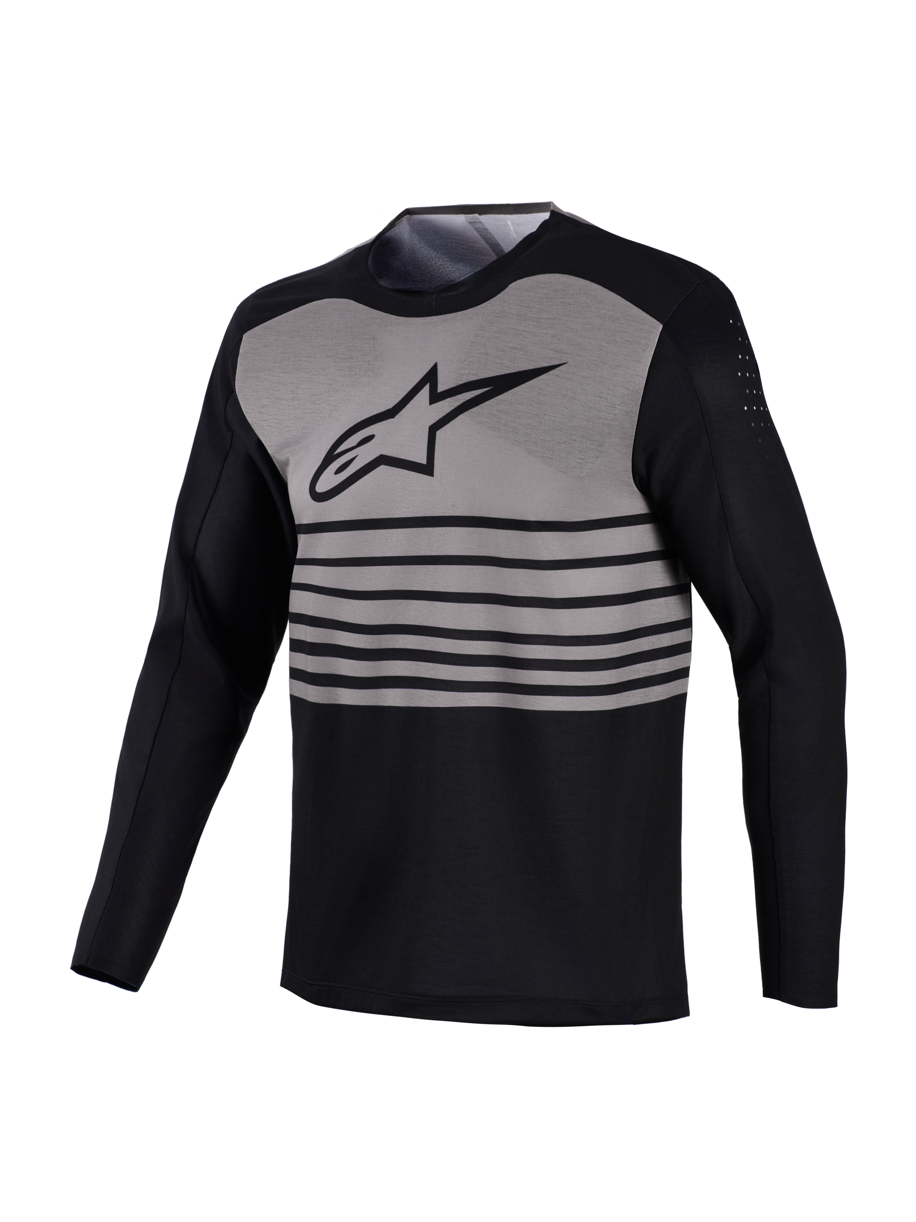 Maglia MTB Alpinestars A-Dura Elite a maniche lunghe, design nero e grigio a strisce con bicipiti traforati.