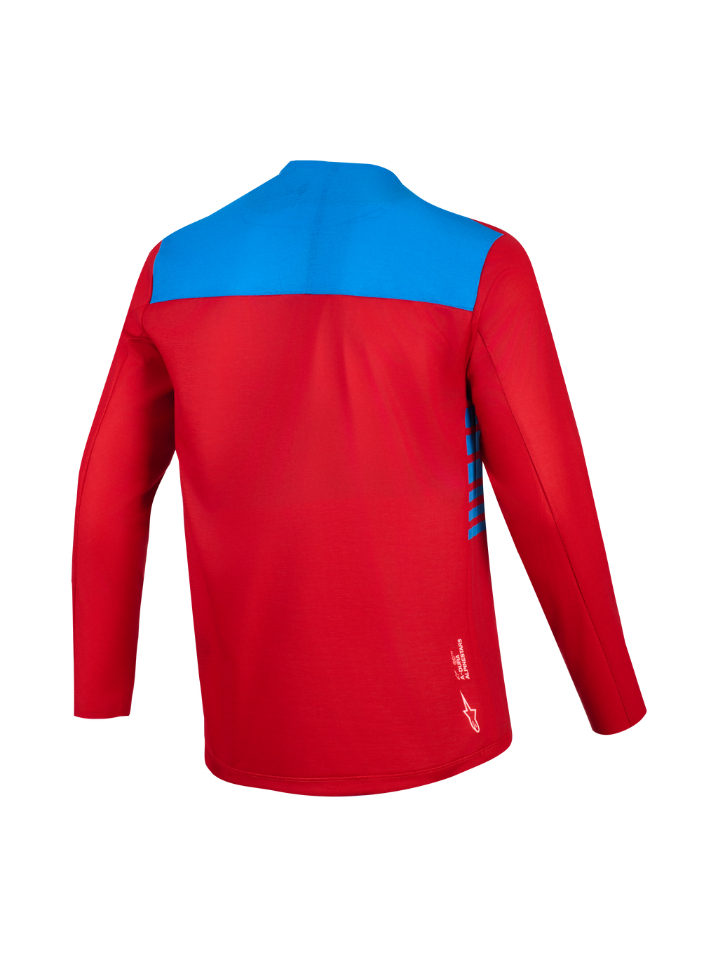 Maglia Alpinestars A-Dura Elite 2.0 maniche lunghe, rossa e blu, vista posteriore in tessuto traspirante.