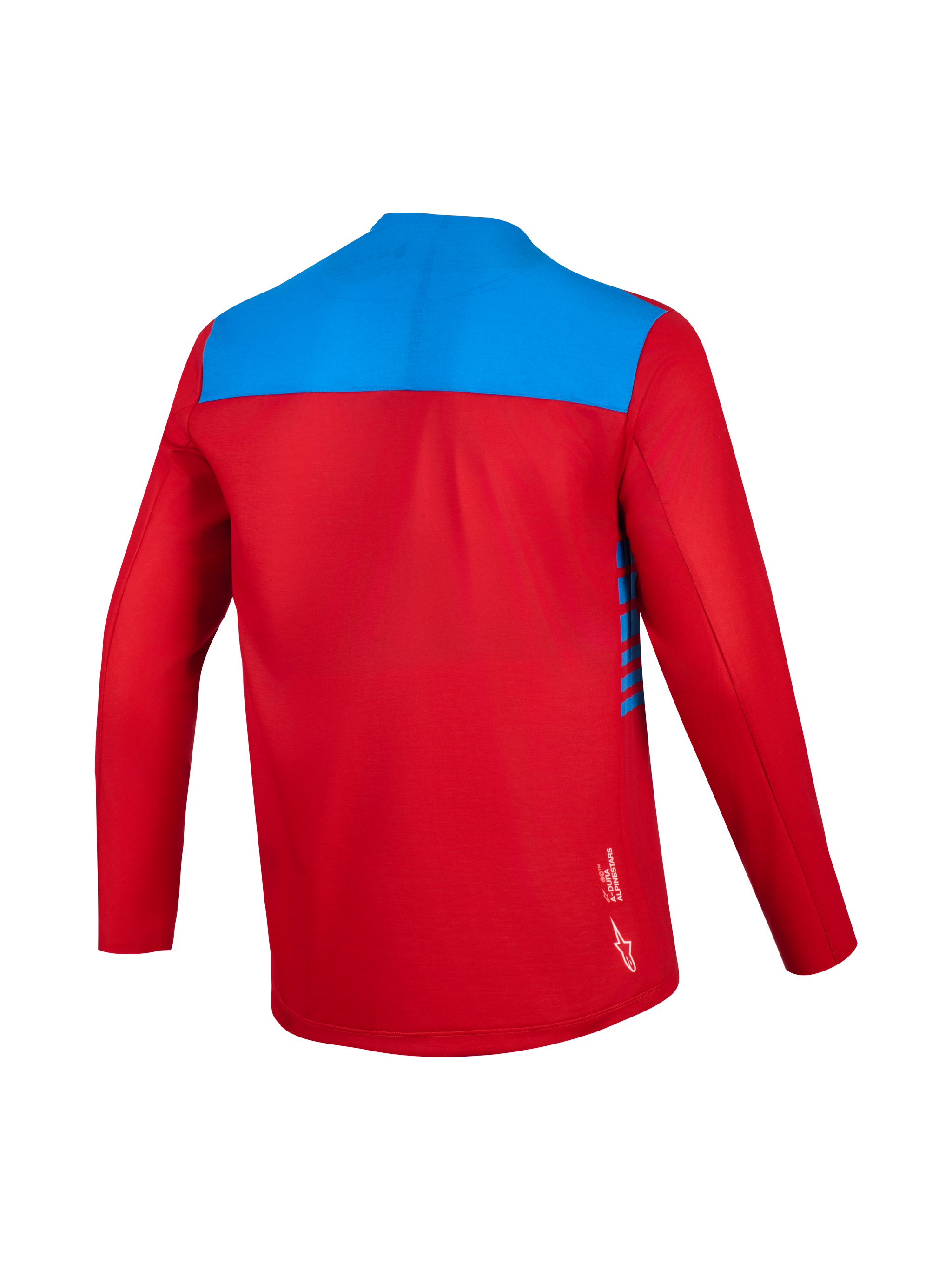 Maglia Alpinestars A-Dura Elite 2.0 maniche lunghe, rossa e blu, vista posteriore in tessuto traspirante.