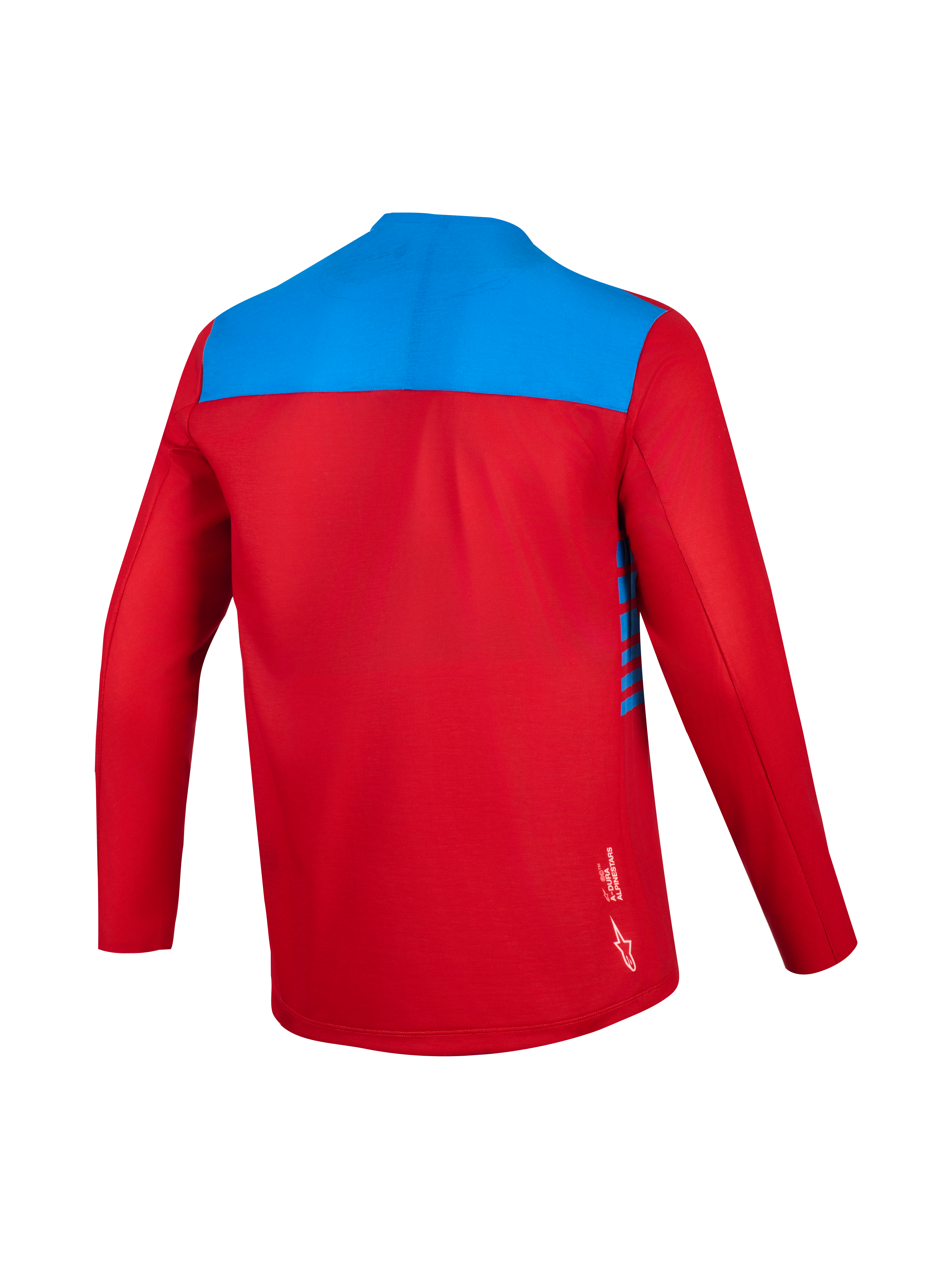 Maglia Alpinestars A-Dura Elite 2.0 maniche lunghe, rossa e blu, vista posteriore in tessuto traspirante.