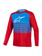 Alpinestars A-Dura Elite 2.0, maglia MTB a maniche lunghe rossa e blu con logo bianco e ventilazione bicipiti.