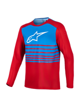 Alpinestars A-Dura Elite 2.0, maglia MTB a maniche lunghe rossa e blu con logo bianco e ventilazione bicipiti.