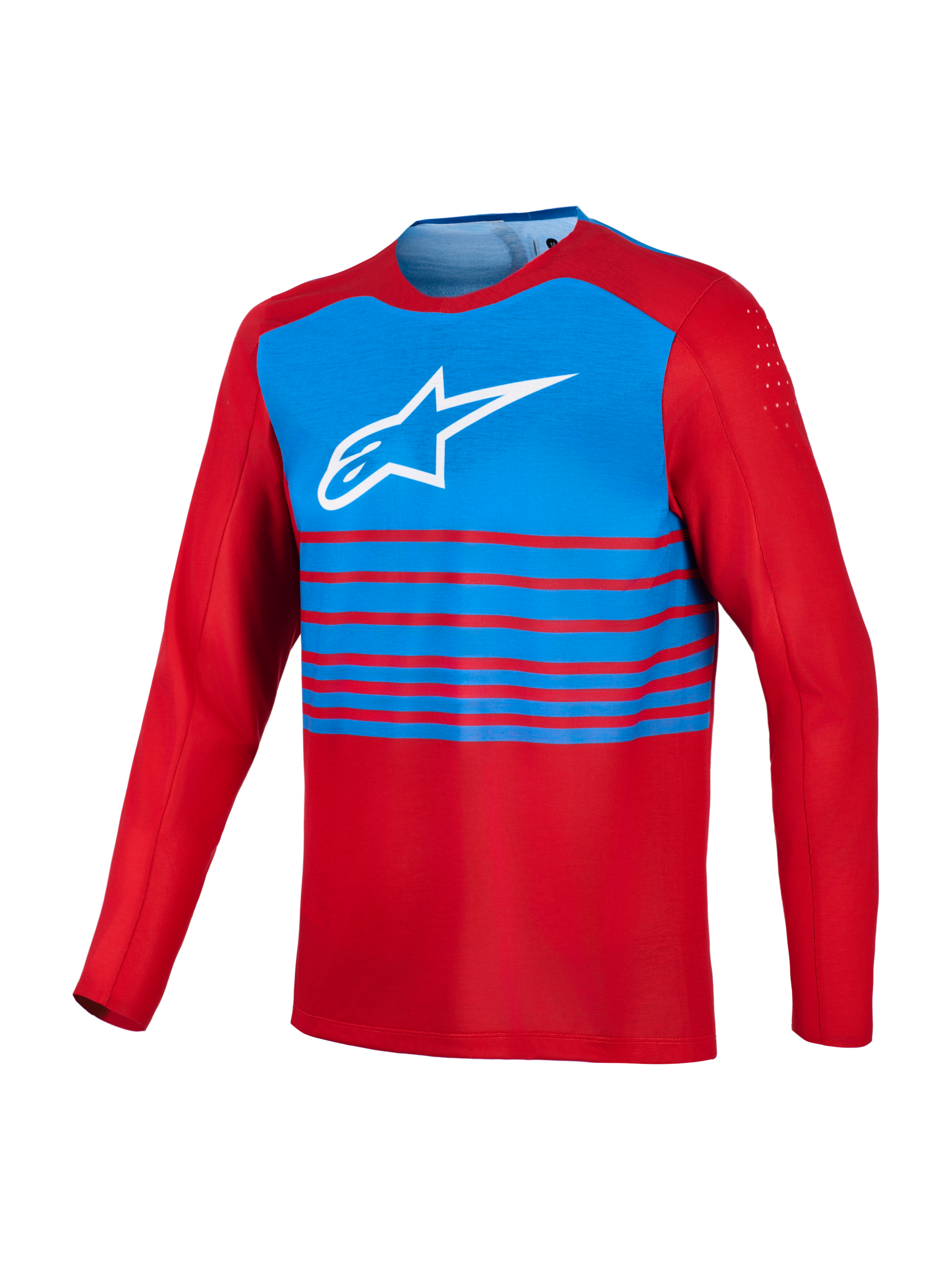 Alpinestars A-Dura Elite 2.0, maglia MTB a maniche lunghe rossa e blu con logo bianco e ventilazione bicipiti.