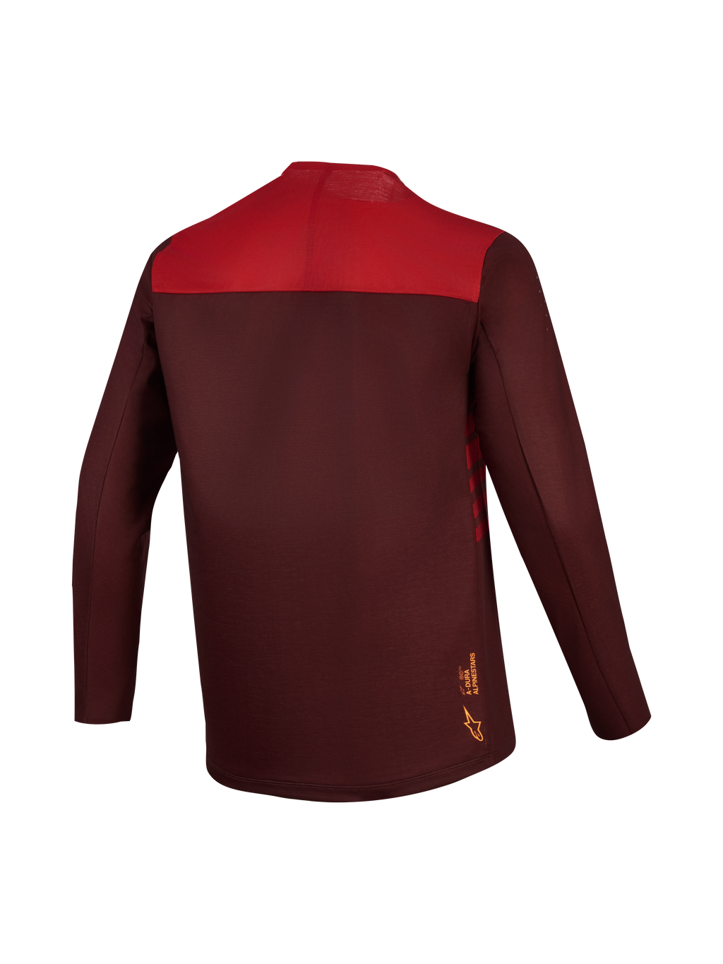 Maglia MTB Alpinestars A-Dura Elite 2.0 bordeaux e rossa a maniche lunghe, retro color-block e coda allungata.