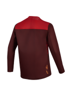 Maglia MTB Alpinestars A-Dura Elite 2.0 bordeaux e rossa a maniche lunghe, retro color-block e coda allungata.