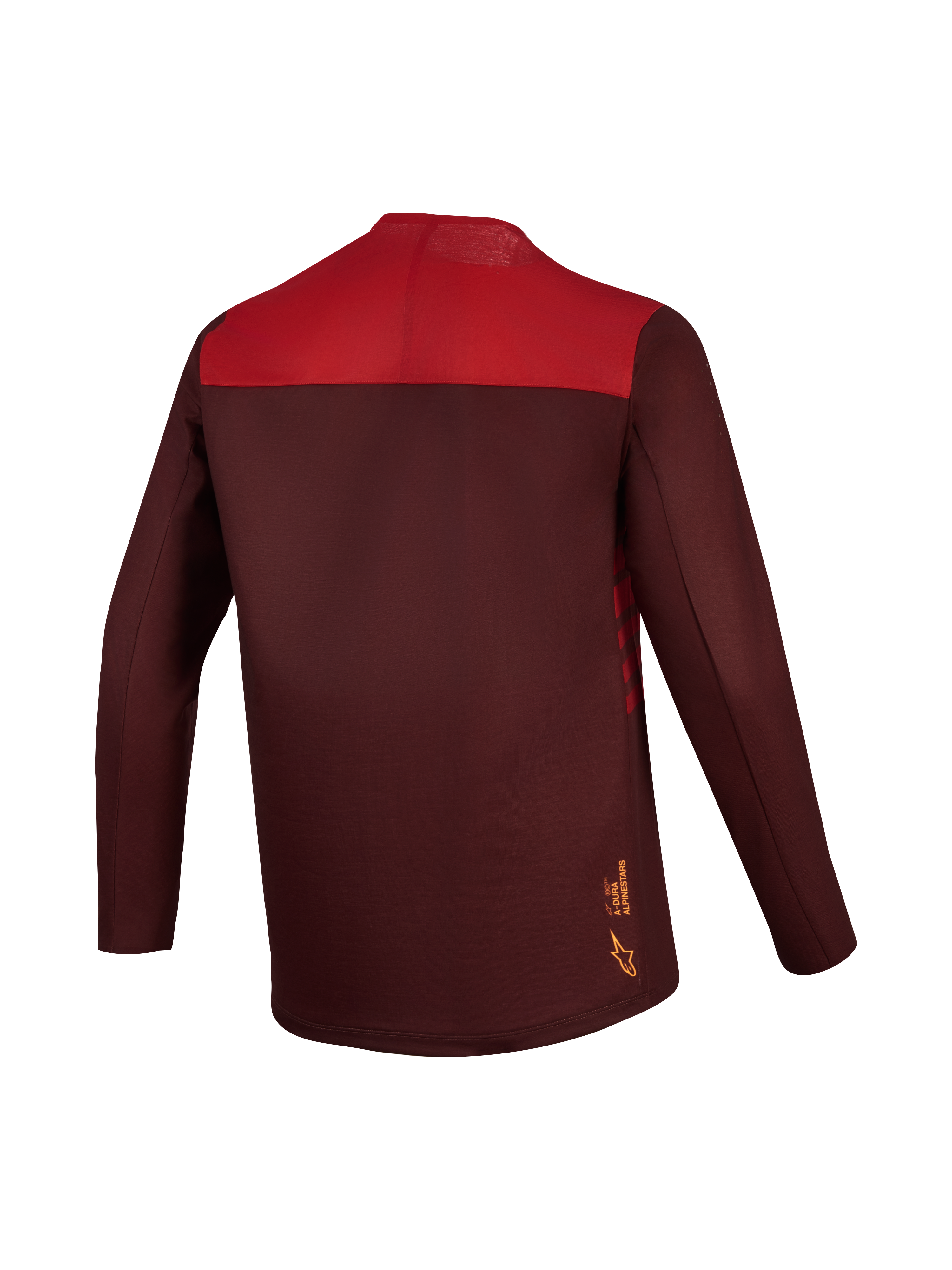 Maglia MTB Alpinestars A-Dura Elite 2.0 bordeaux e rossa a maniche lunghe, retro color-block e coda allungata.