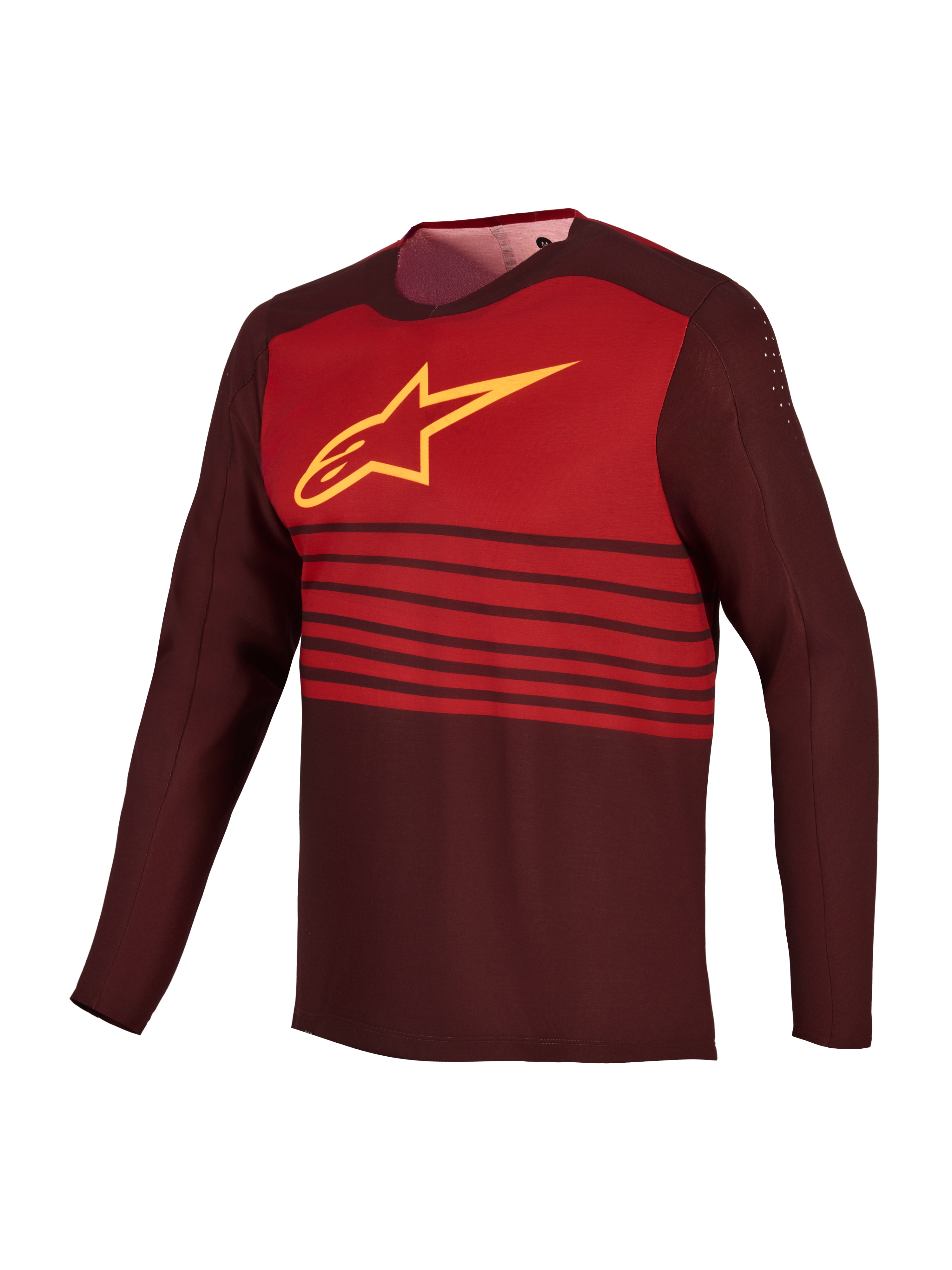 Maglia MTB A-Dura Elite 2.0 bordeaux a maniche lunghe con logo Astars giallo e blocco rosso sul petto.