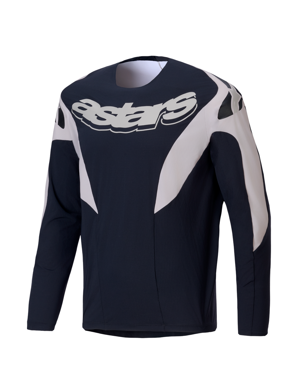 Alpinestars Maglia A-Supra Melt, maglia MTB da uomo a maniche lunghe, nero e bianco con grande logo sul petto e struttura elasticizzata e ventilata