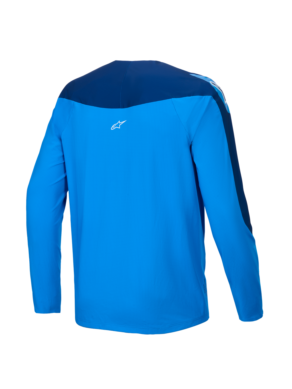 Alpinestars Maglia A-Supra Melt, maglia MTB a maniche lunghe, vista posteriore in blu e blu scuro con pannelli elasticizzati e microforati