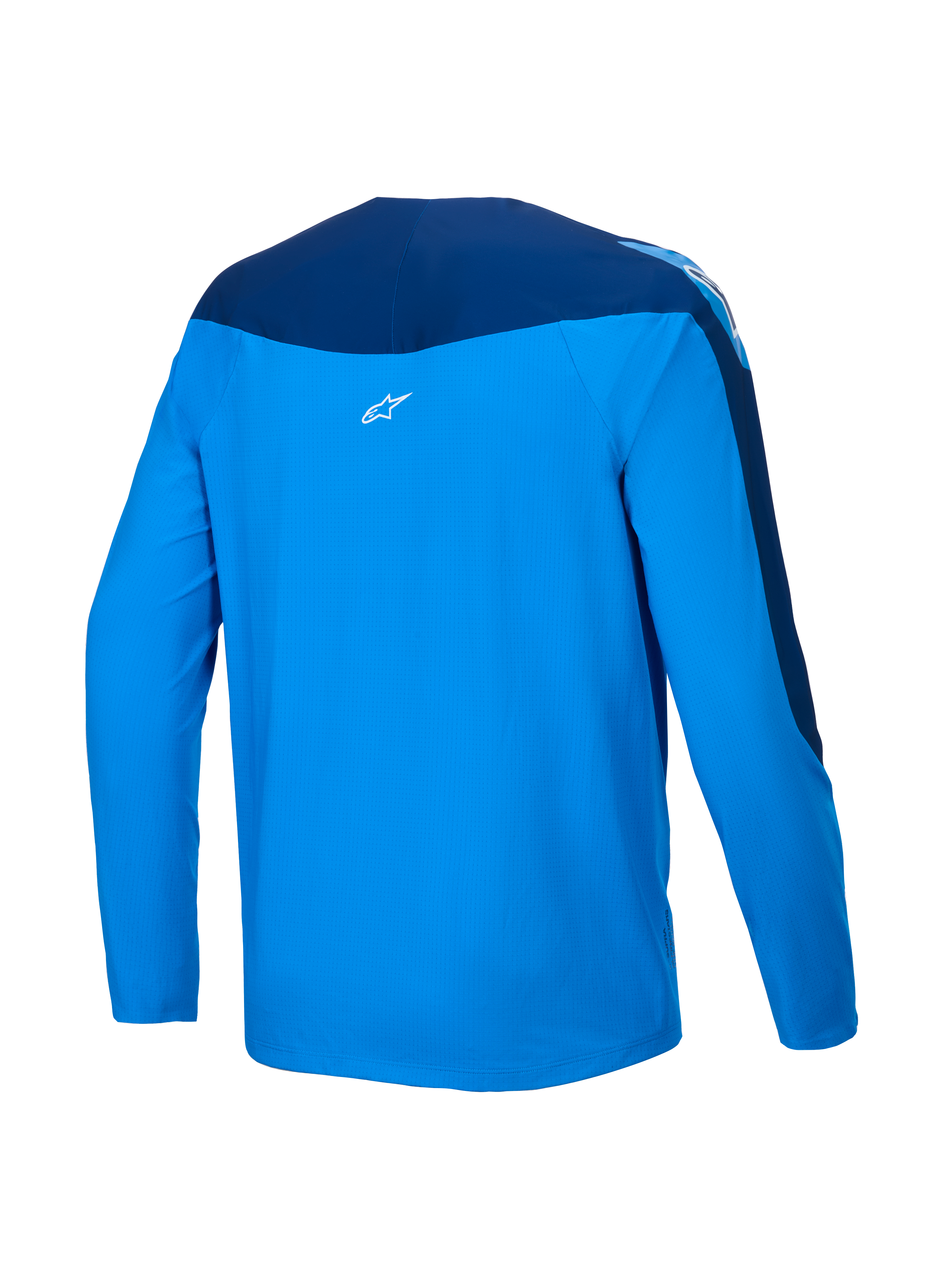 Alpinestars Maglia A-Supra Melt, maglia MTB a maniche lunghe, vista posteriore in blu e blu scuro con pannelli elasticizzati e microforati