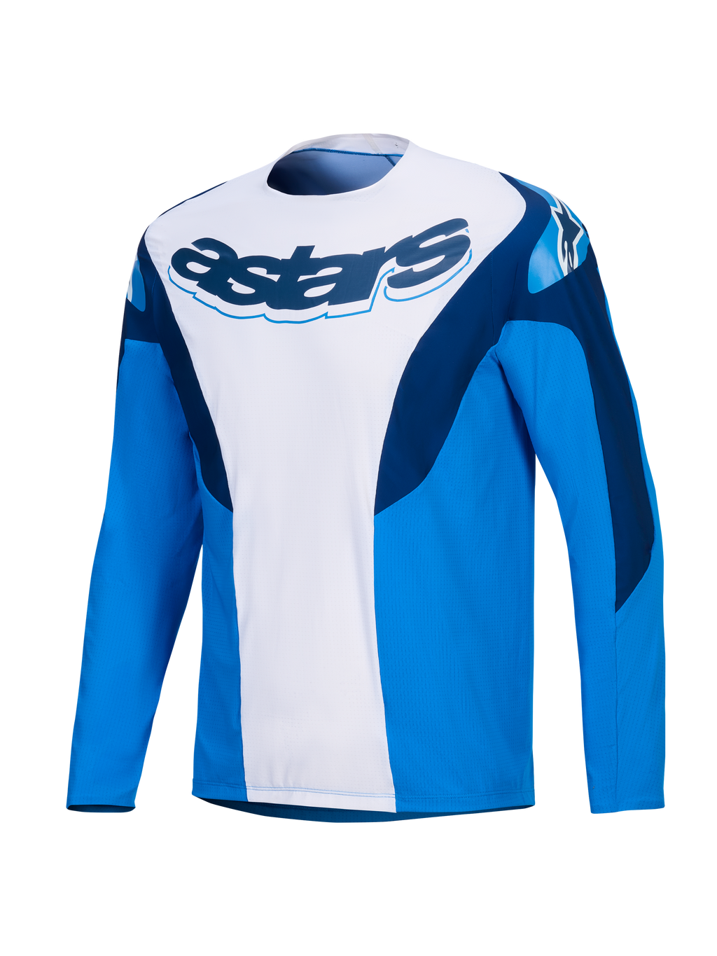 Alpinestars Maglia A-Supra Melt, maglia MTB a maniche lunghe blu e bianca con marchio blu scuro e pannelli elasticizzati, abbigliamento performante off-road da uomo