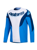 Alpinestars Maglia A-Supra Melt, maglia MTB a maniche lunghe blu e bianca con marchio blu scuro e pannelli elasticizzati, abbigliamento performante off-road da uomo