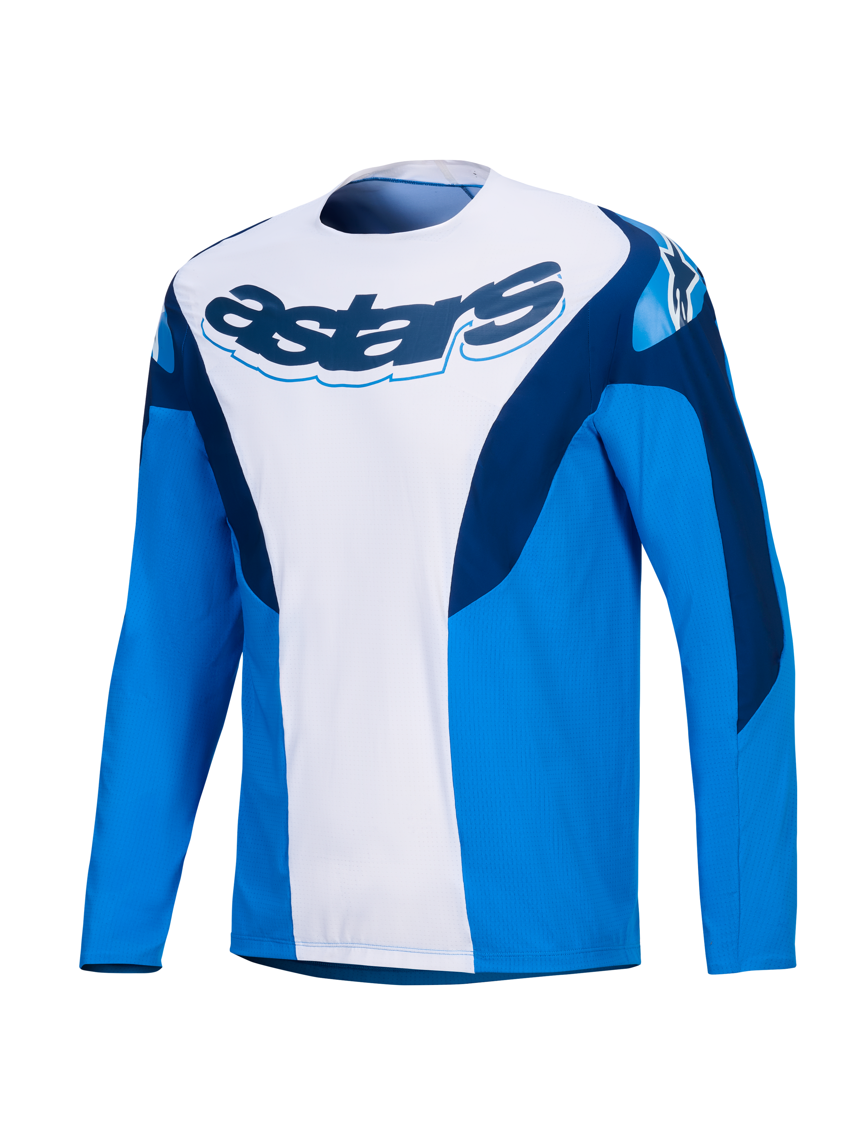 Alpinestars Maglia A-Supra Melt, maglia MTB a maniche lunghe blu e bianca con marchio blu scuro e pannelli elasticizzati, abbigliamento performante off-road da uomo