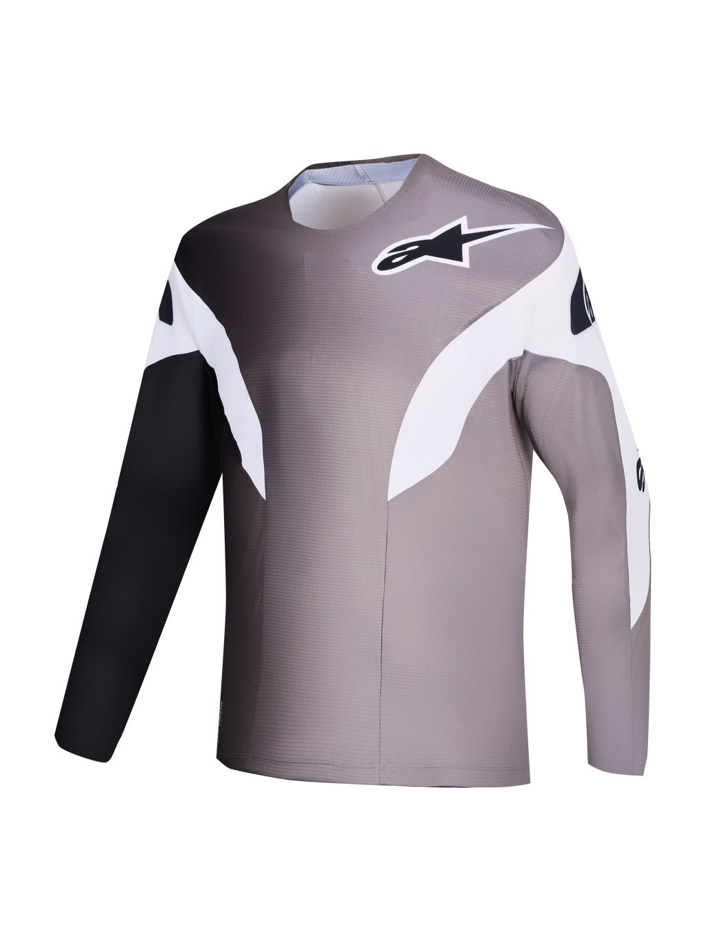 Maglia MTB Alpinestars A-Supra Elite grigio sfumato, design a gradiente in tessuto riciclato microforato.