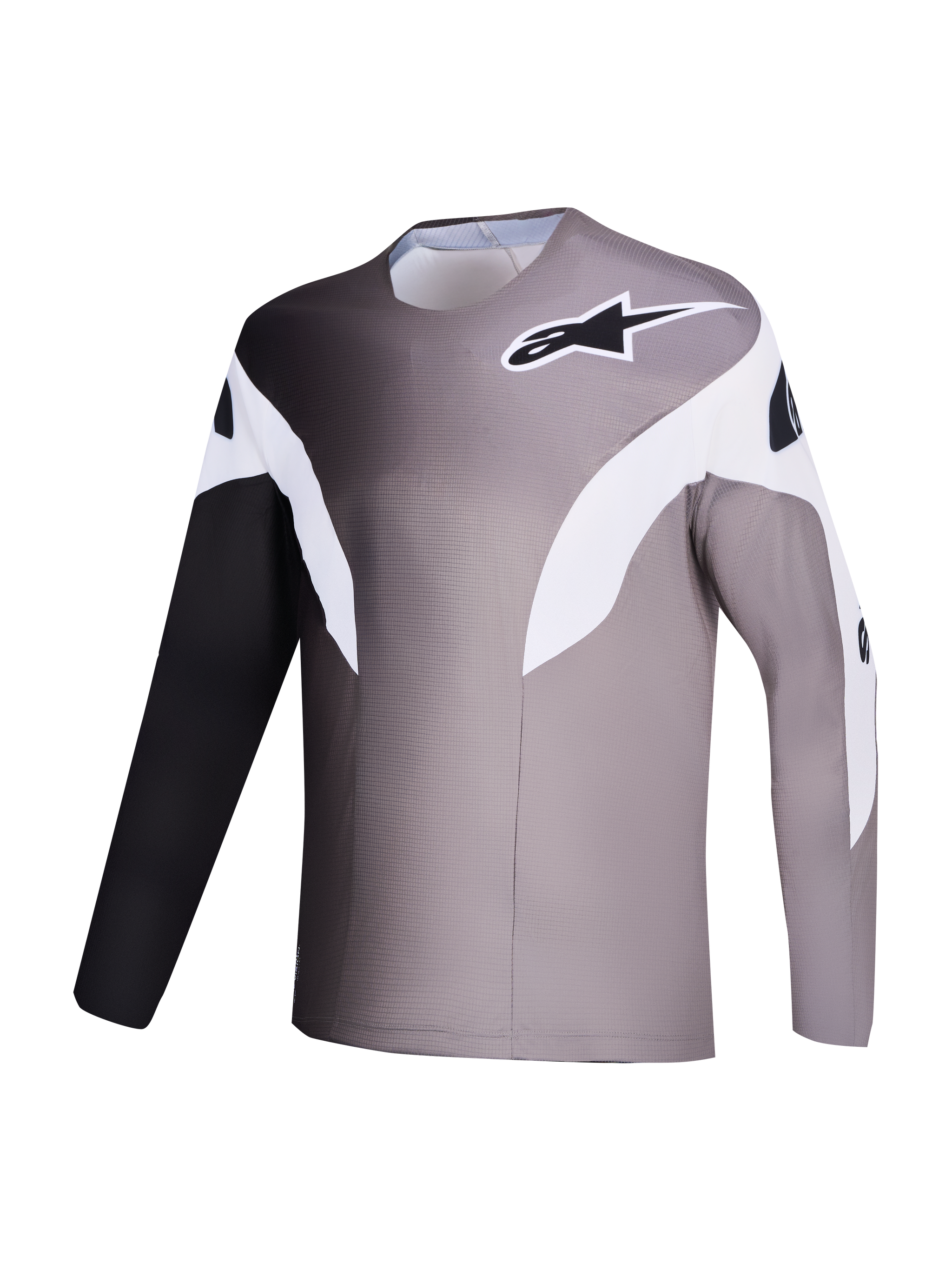 Maglia MTB Alpinestars A-Supra Elite grigio sfumato, design a gradiente in tessuto riciclato microforato.