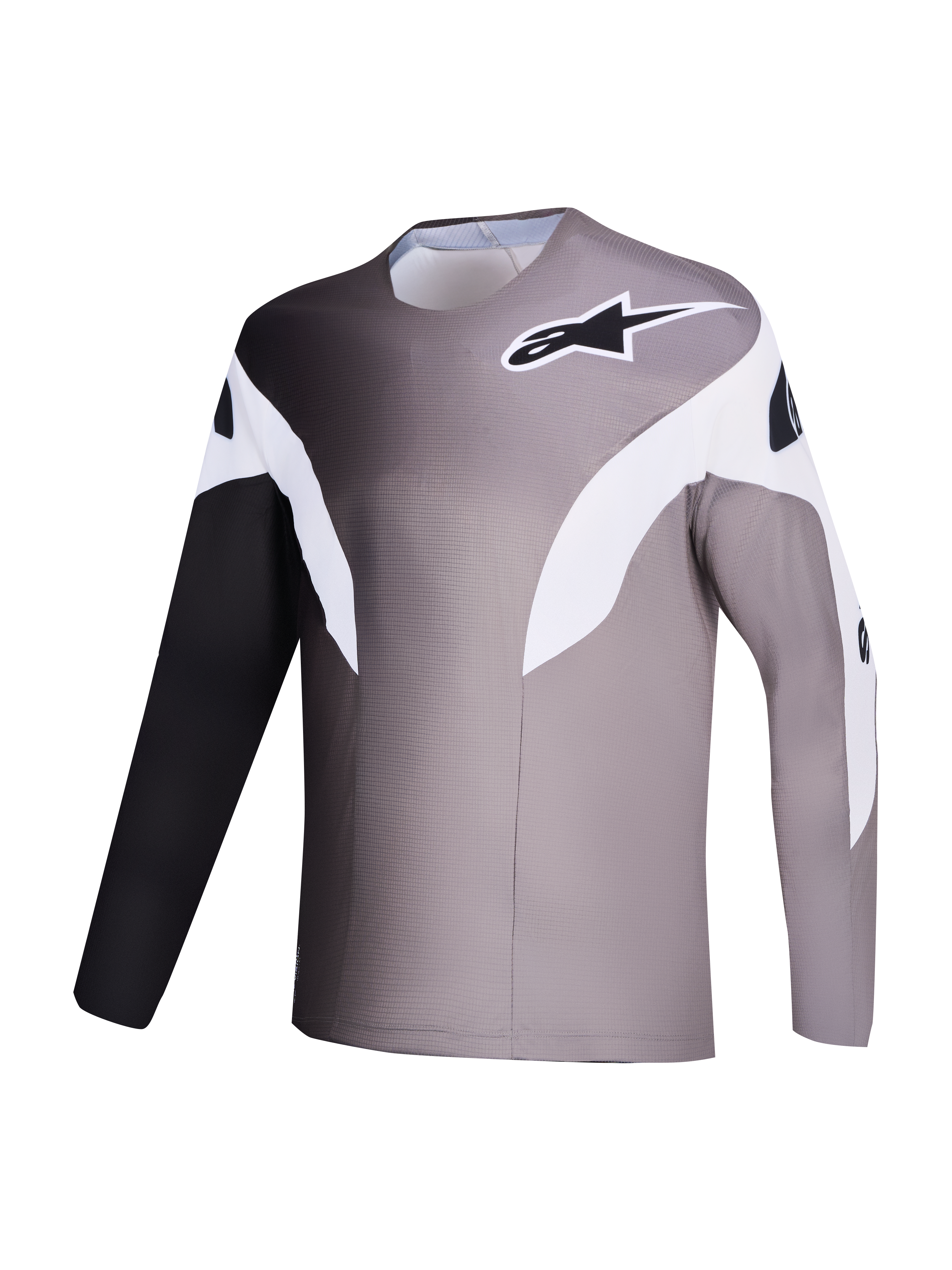 Maglia MTB Alpinestars A-Supra Elite grigio sfumato, design a gradiente in tessuto riciclato microforato.