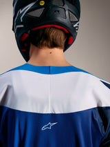 Maglia Alpinestars A-Supra Elite blu e bianca, colletto termosaldato e logo ASTARS sulla parte superiore della schiena.