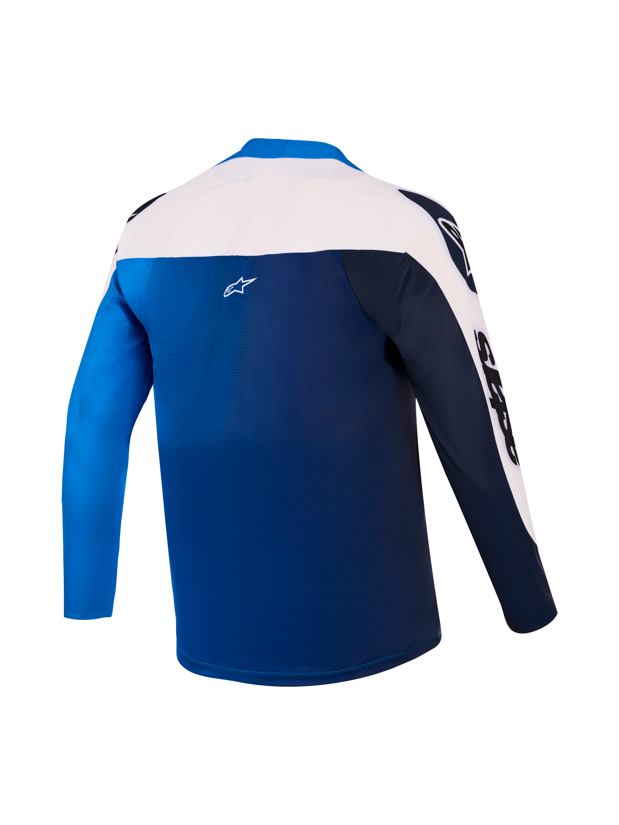 Maglia A-Supra Elite, vista posteriore blu brillante sfumato e bianca, abbigliamento MTB traspirante con logo Astars.