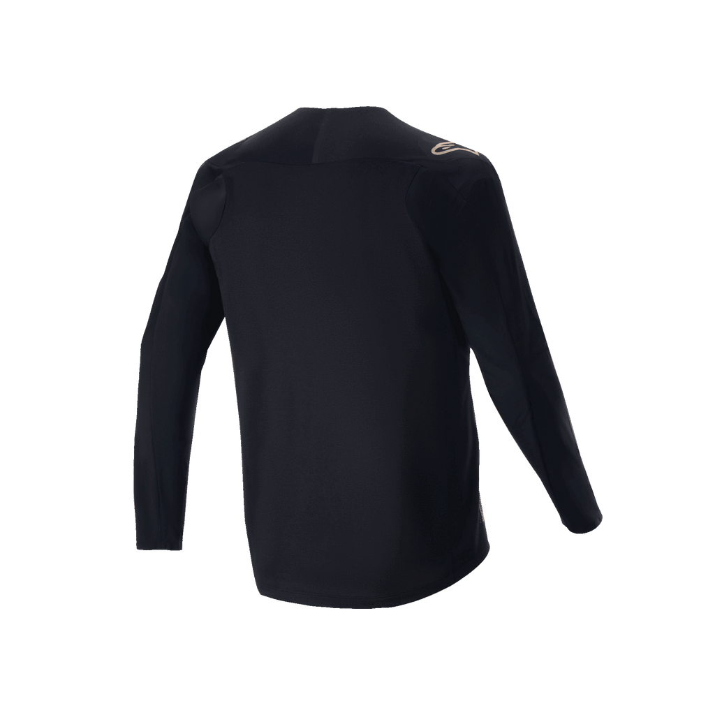 Maglia Alpinestars A-Aria Polartec Switch a maniche lunghe, nero, vista posteriore della maglia da mountain bike, con un piccolo logo color sabbia sulla spalla e orlo posteriore allungato, tessuto tecnico traspirante per ciclismo fuoristrada