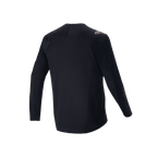 Maglia Alpinestars A-Aria Polartec Switch a maniche lunghe, nero, vista posteriore della maglia da mountain bike, con un piccolo logo color sabbia sulla spalla e orlo posteriore allungato, tessuto tecnico traspirante per ciclismo fuoristrada