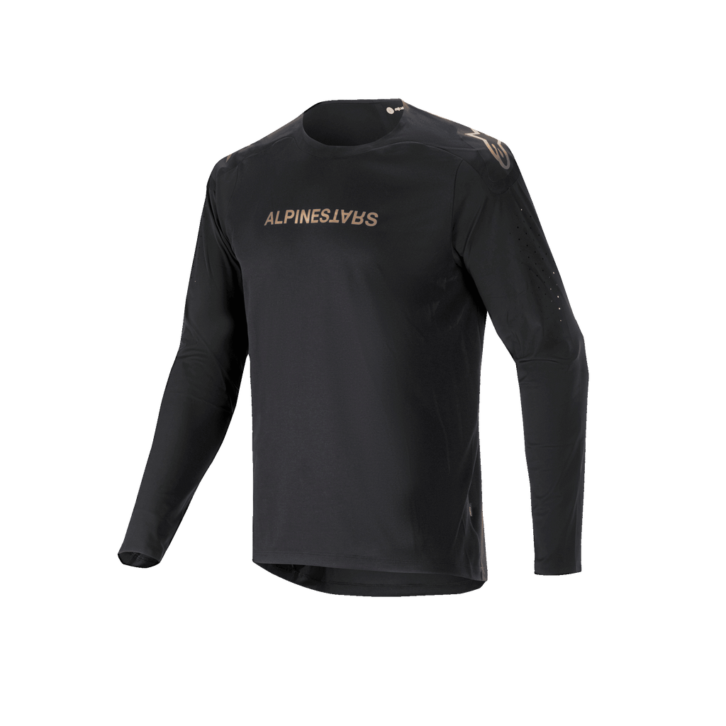 Maglia a maniche lunghe Alpinestars A-Aria Polartec Switch, nero, maglia da mountain bike con logo Alpinestars color oro su petto e spalle, braccia traforate al laser e tessuto Polartec traspirante per prestazioni fuoristrada