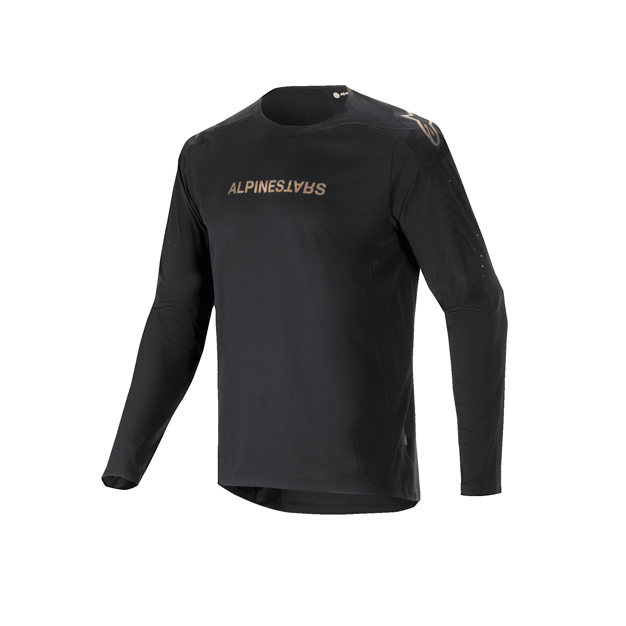 Maglia a maniche lunghe Alpinestars A-Aria Polartec Switch, nero, maglia da mountain bike con logo Alpinestars color oro su petto e spalle, braccia traforate al laser e tessuto Polartec traspirante per prestazioni fuoristrada