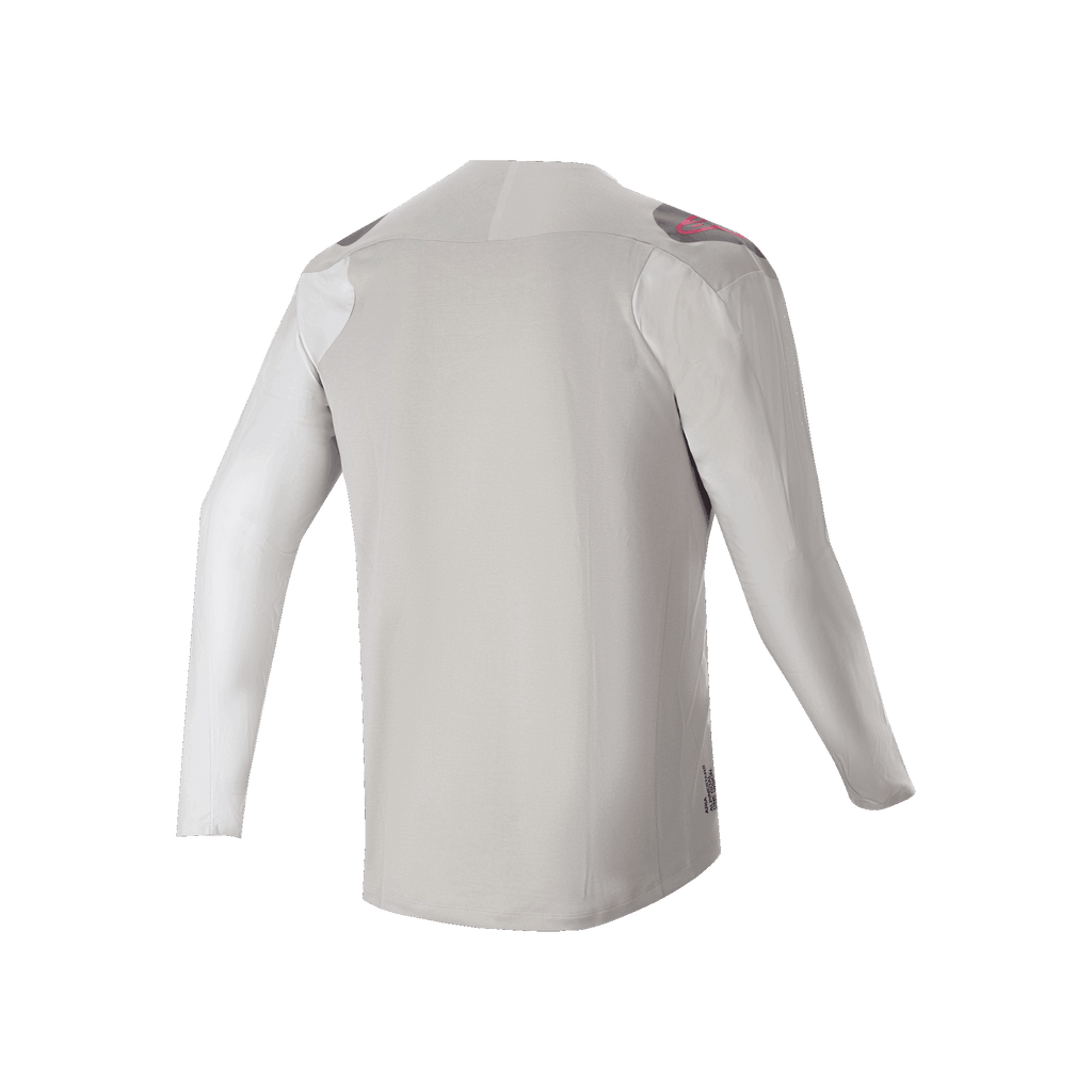 Maglia a maniche lunghe Alpinestars A-Aria Polartec Switch, vista posteriore, grigio chiaro con pannelli sulle spalle grigio scuro e dettagli del logo rosa, tessuto elastico performante con design drop tail, abbigliamento da mountain bike trail