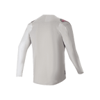 Maglia a maniche lunghe Alpinestars A-Aria Polartec Switch, vista posteriore, grigio chiaro con pannelli sulle spalle grigio scuro e dettagli del logo rosa, tessuto elastico performante con design drop tail, abbigliamento da mountain bike trail