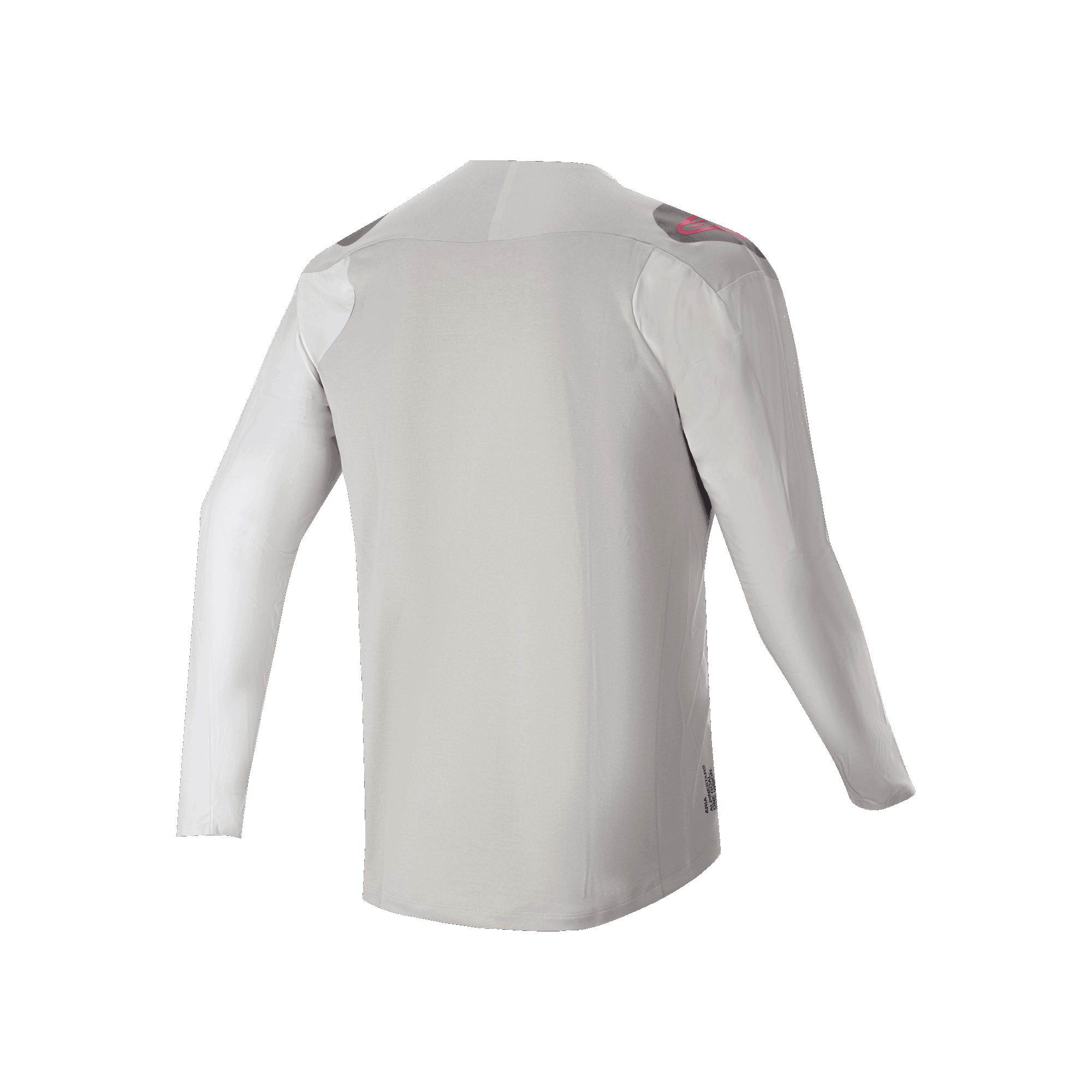Maglia a maniche lunghe Alpinestars A-Aria Polartec Switch, vista posteriore, grigio chiaro con pannelli sulle spalle grigio scuro e dettagli del logo rosa, tessuto elastico performante con design drop tail, abbigliamento da mountain bike trail