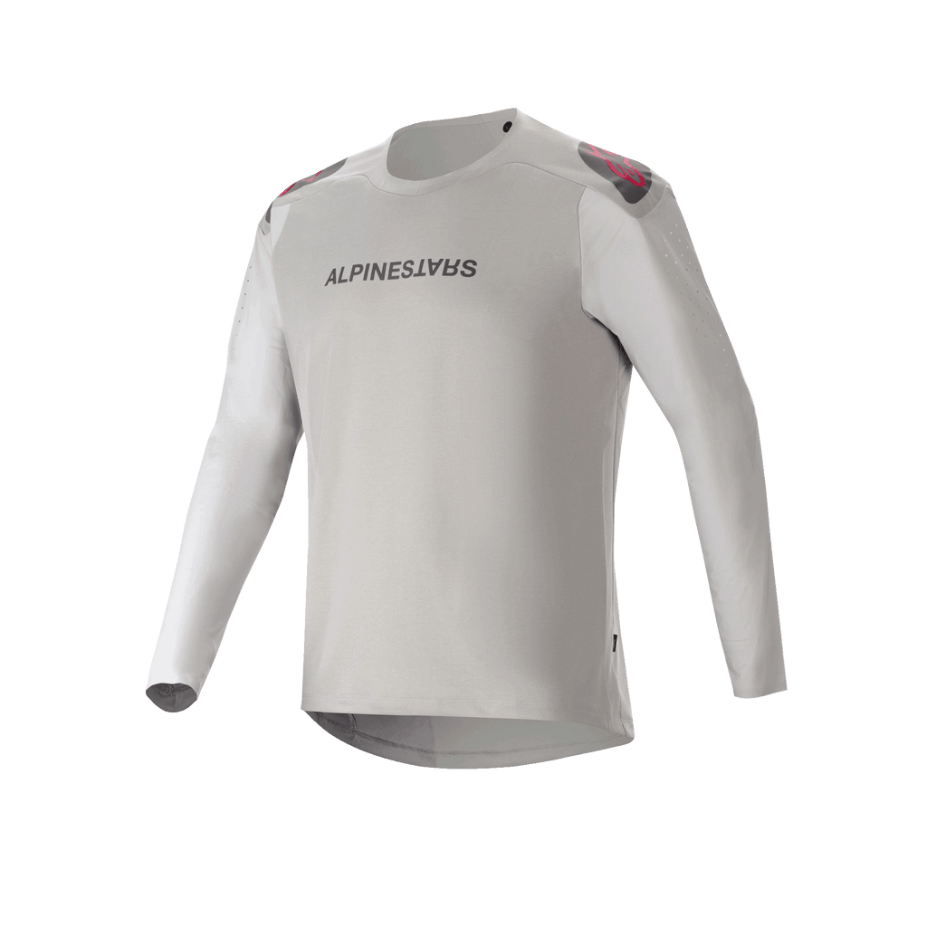 Alpinestars A-Aria Polartec Switch Jersey - Long Sleeve, maglia da mountain bike grigio chiaro con logo nero sul petto, dettagli rossi e neri sulle spalle e maniche traforate al laser per la ventilazione